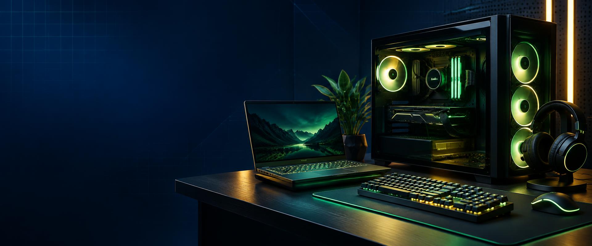 Setup gamer com PC, notebook, teclado e headset